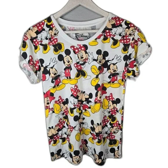 Disney Women's Mickey and Minnie Cuffed Sleeve T-Shirt Size Medium - Picture 1 of 5